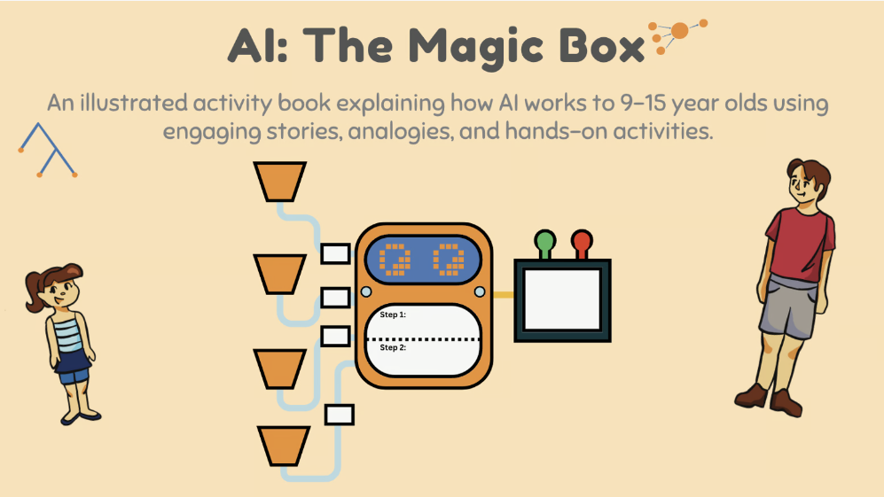 AI: The Magic Box, Text reads: An Illustrated activity book explaining how AI works to 9-15 year olds using engaging stories, analogies, and hands-on activities.